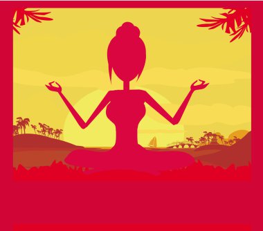 siluet bir kızın Yoga pose palm yaz zemin üzerine