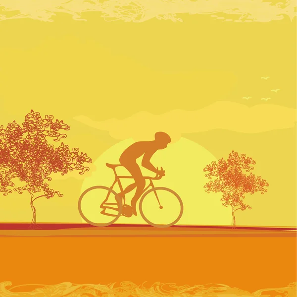 Fietsen man silhouet op zonsondergang poster — Stockvector