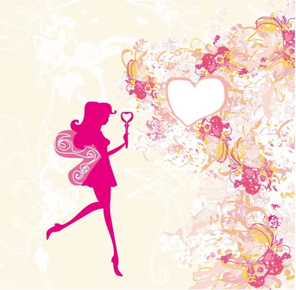 Virágos háttér gyönyörű tündér silhouette kártyával — Stock Vector