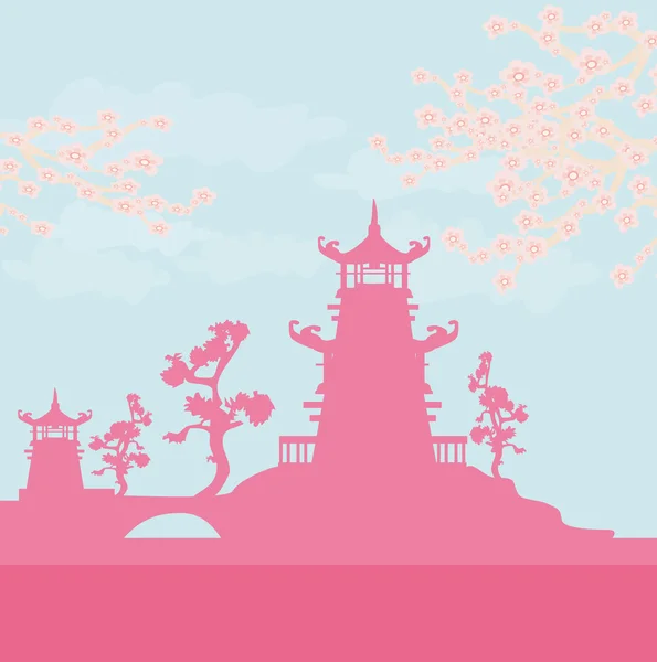 Antiguo papel con templo japonés en abstracto paisaje asiático — Vector de stock