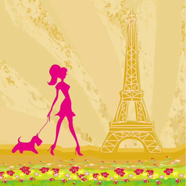 女孩与她的狗在巴黎剪影 — 图库矢量图片