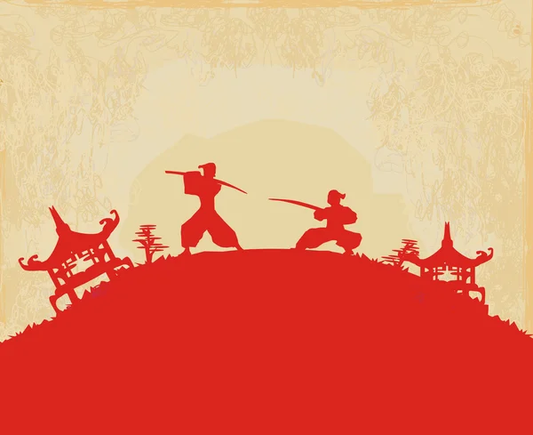 Combattre la silhouette samouraï dans un paysage asiatique abstrait — Image vectorielle
