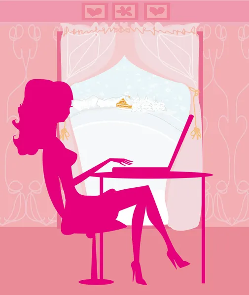 Shopping en ligne - silhouette jeune femme assis avec ordinateur portable — Image vectorielle