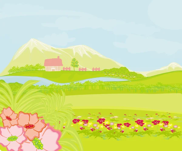 Paisaje rural de primavera.Vector Ilustración — Vector de stock