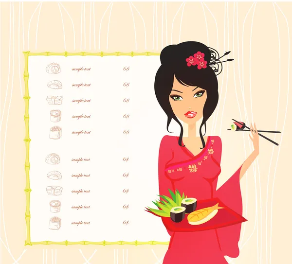 Beautiful Asian girl enjoy sushi - menu template — Stock Vector