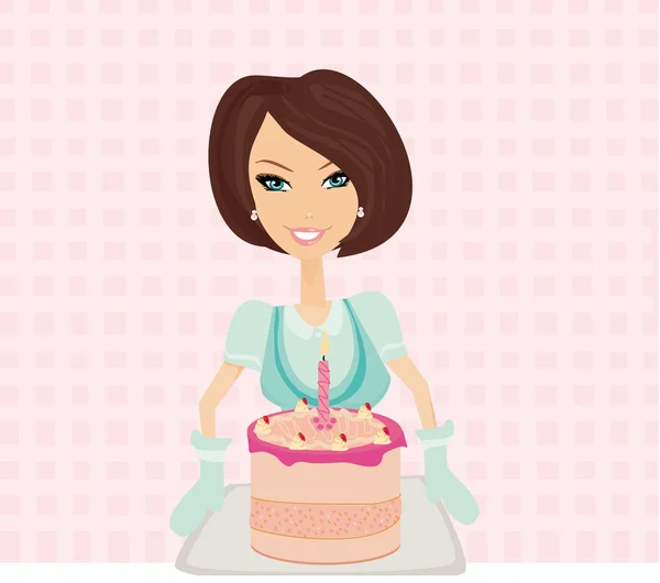 Hermosa dama con pastel de cumpleaños en una bandeja — Vector de stock