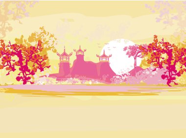 soyut Asya peyzaj üzerinde Japonca tapınak ile eski kağıt