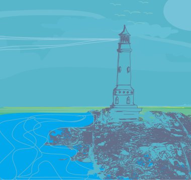Küçük bir plajdan görülen deniz feneri - Grunge Posteri 