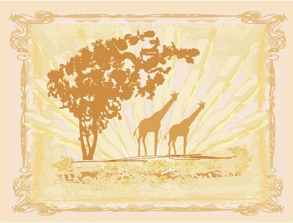 Fond grunge avec silhouette girafe faune et flore africaines — Image vectorielle