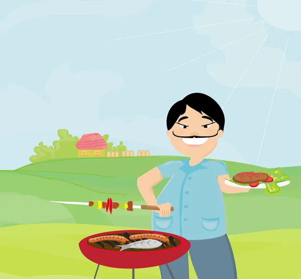 Man cooking on his barbecue on rural landscape — Stock Vector