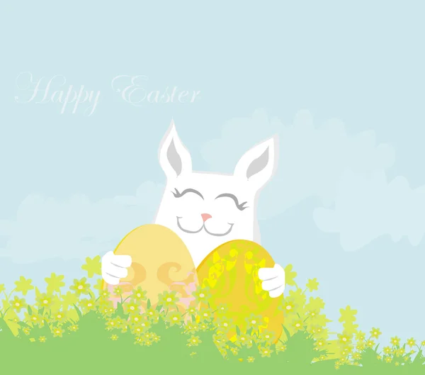 Illustration of happy Easter bunny carrying egg — Stock Vector