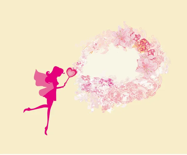 美しい妖精シルエットと花の背景 — ストックベクタ