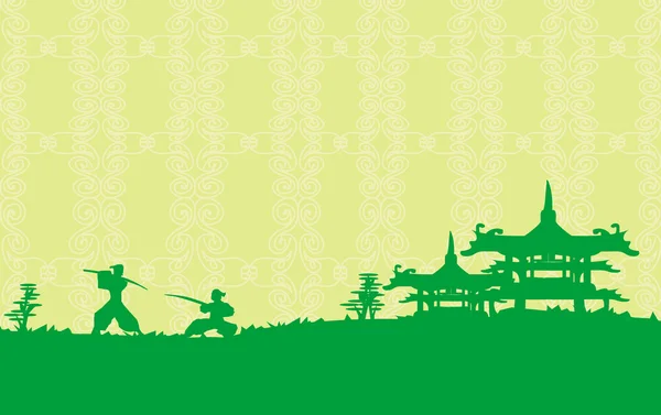 Kämpfende Samurai-Silhouette in abstrakter asiatischer Landschaft — Stockvektor