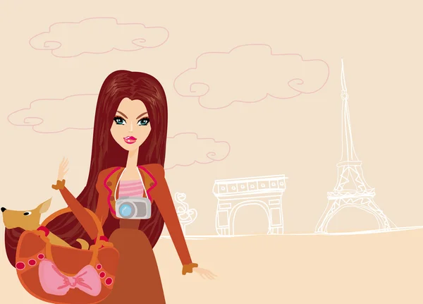 Hermosa chica de viaje en París — Vector de stock