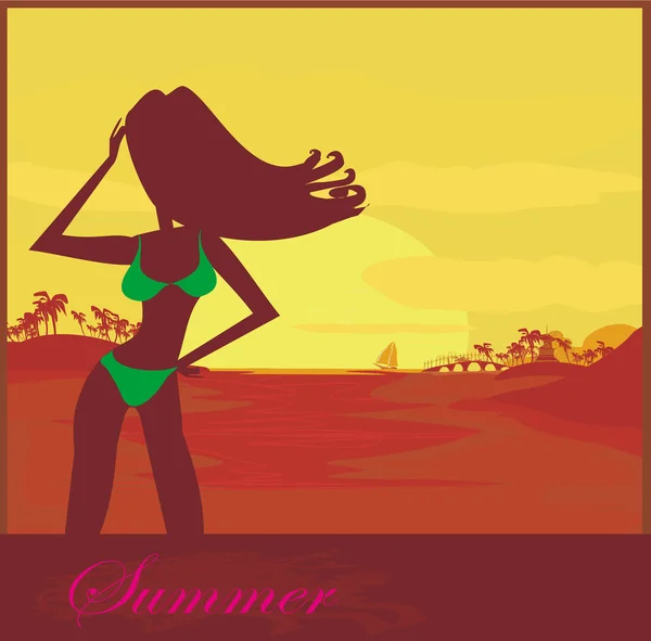 Tropiska flicka silhuett i bikini på sunset affisch — Stock vektor