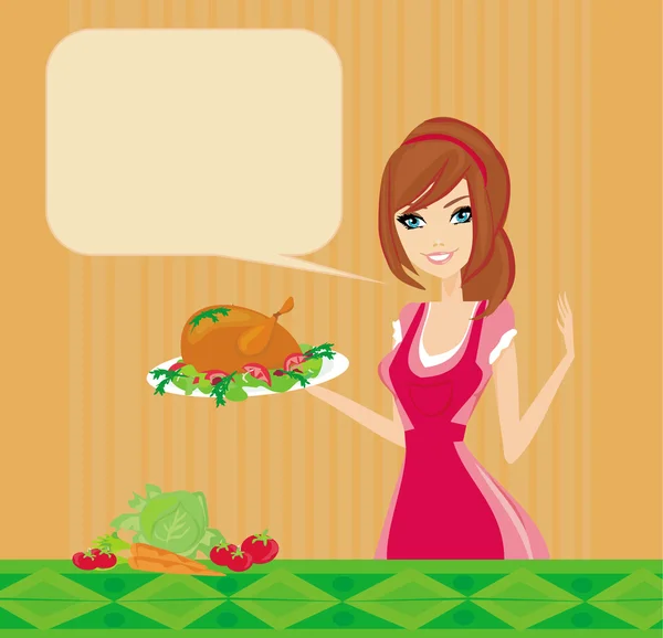 Belle dame cuisine poulet ou dinde — Image vectorielle