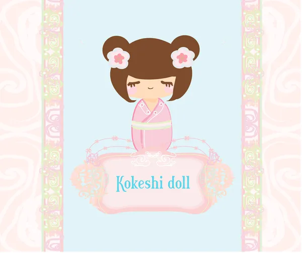 Kokeshi doll on the pink background with floral ornament — Stock Vector