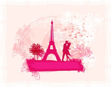 Romantik Çift siluet Paris Eiffel vaktimiz öpüşme