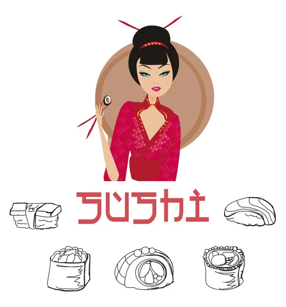 Sushi with asian girl set — Stock Vector