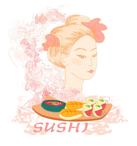 Hermosa asiática retrato chica y sushi - tarjeta de póster — Vector de stock