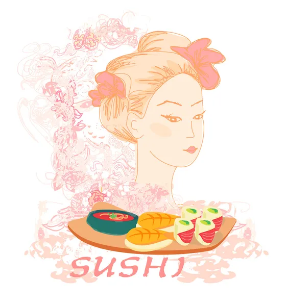 Beautiful Asian portrait girl and sushi - poster card — Stock Vector