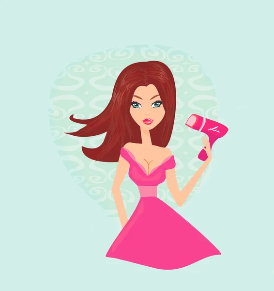 Hermosa mujer secándose el pelo por secadora — Vector de stock
