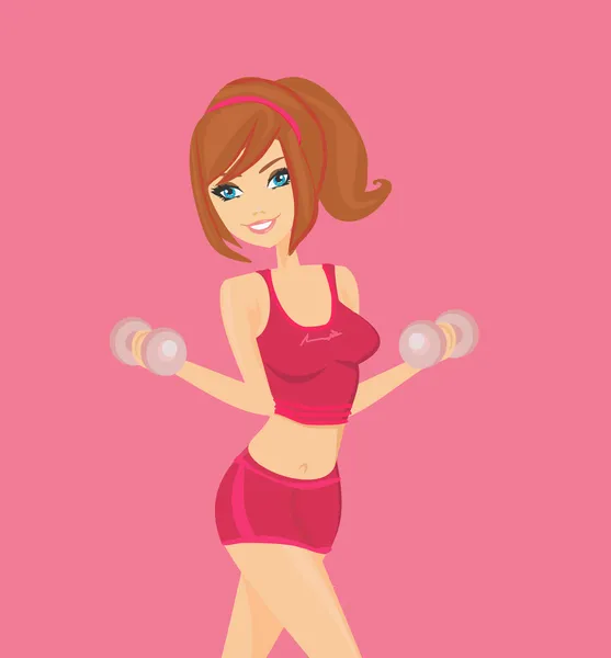 Fit brunette woman exercising with two dumbbell weights on her h — Stock Vector