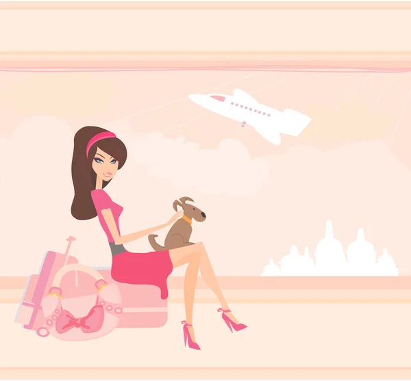 Beauty travel girl with baggage at the airport — Stock Vector