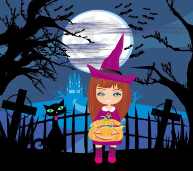 Cadı kostümlü kız elinde şekerle balkabağı tutuyor. 