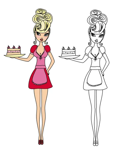 Femme au foyer servant gâteau à la crème illustration drôle doodle — Image vectorielle
