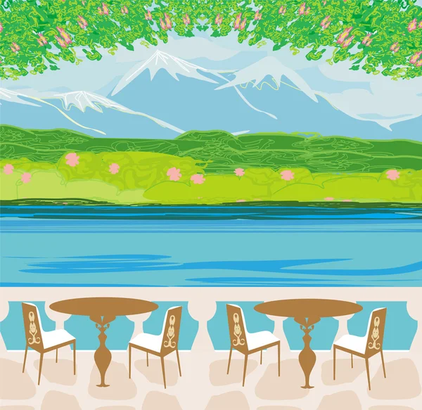 山とカフェテーブルベクトルの風景 — ストックベクタ