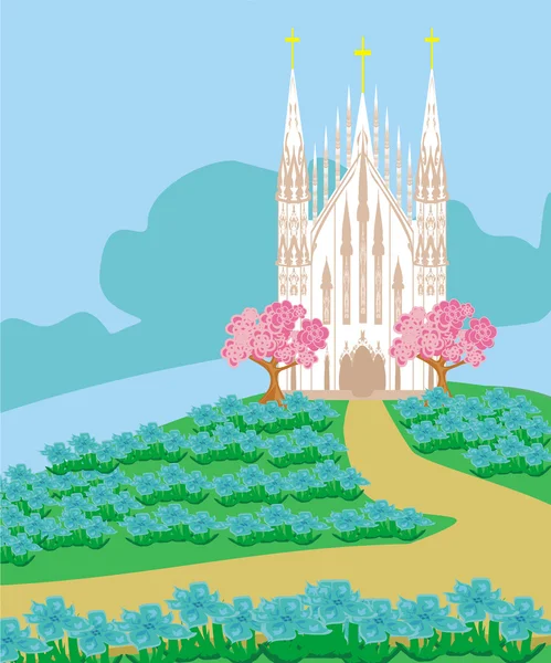 Paysage avec une belle église catholique — Image vectorielle