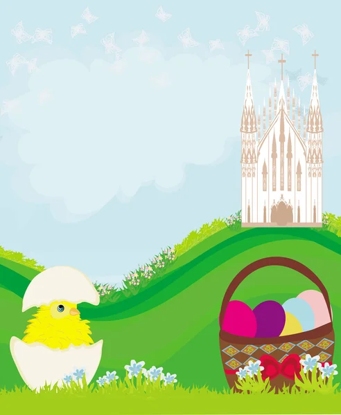 Velikonoční krajina s vejci, květinami, motýly a kostelem — Stockový vektor