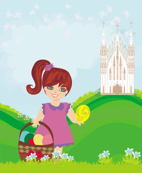 Abstract Easter card with little girl and the Church — Stock Vector