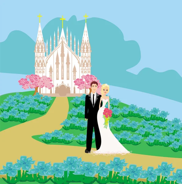 Pareja de boda frente a una iglesia — Vector de stock