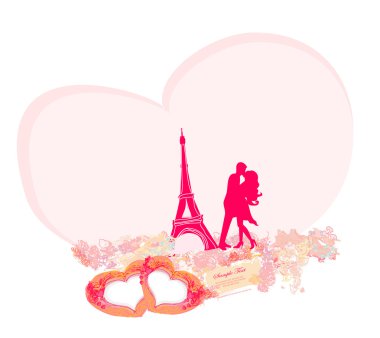 Romantik Çift siluet Paris'te Eyfel Kulesi'ne öpüşme