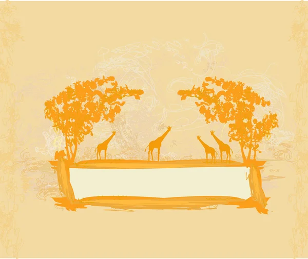 Grunge-Hintergrund mit Giraffen-Silhouette auf abstrakter afrikanischer Fauna und Flora — Stockvektor