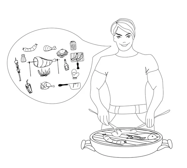 Cartoon-Männchen in Grillkleidung beim Kochen von Fleisch. — Stockvektor