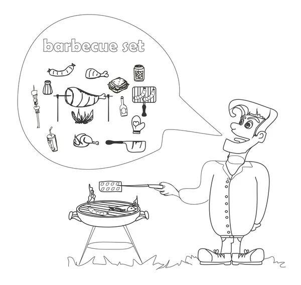 Cartoon mannelijke gekleed in kleding koken meat.barbecue grillen — Stockvector