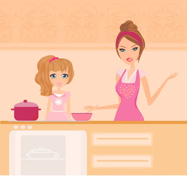 Mutlu anne, kızının mutfakta yemek yapmasına yardım ediyor. — Stok Vektör