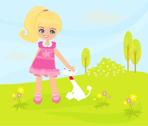 Sweet girl and her puppy in the park — Stock Vector