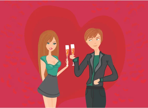 Junges Paar flirtet und trinkt Champagner — Stockvektor
