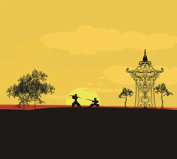 Kampf Samurai Silhouette bei Sonnenuntergang asiatische Landschaft — Stockvektor