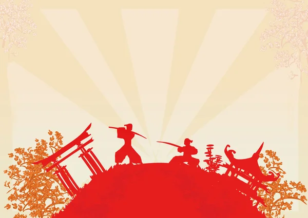 Combattere Samurai silhouette su astratto asiatico paesaggio — Vettoriale Stock