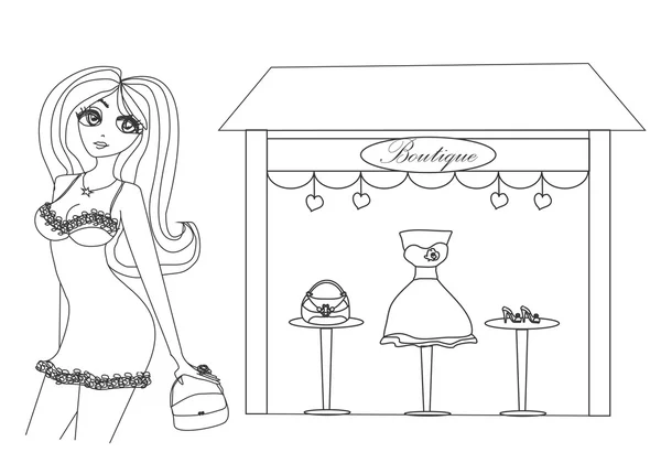 Móda dívka nakupování doodle ilustrace — Stockový vektor