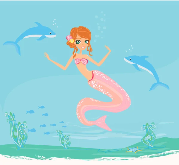 Illustration of a Beautiful mermaid with dolphins under water — Stock Vector