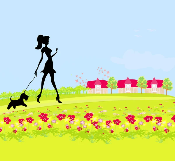 Chica bonita silueta paseando al perro en el paisaje rural — Vector de stock