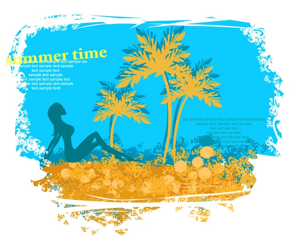 Silhouette fille tropicale Grunge Affiche — Image vectorielle