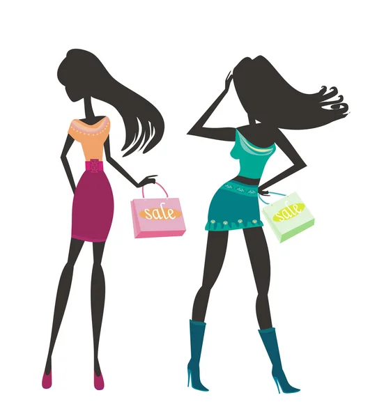 Moda compras niñas silueta — Vector de stock