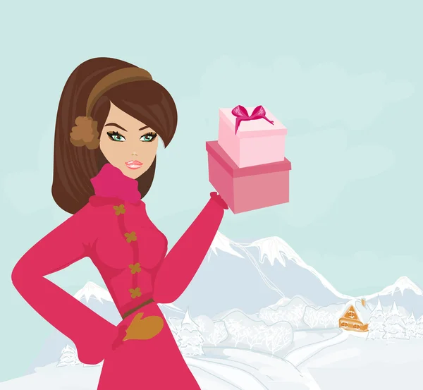 Winter girl with gift box — Stock Vector